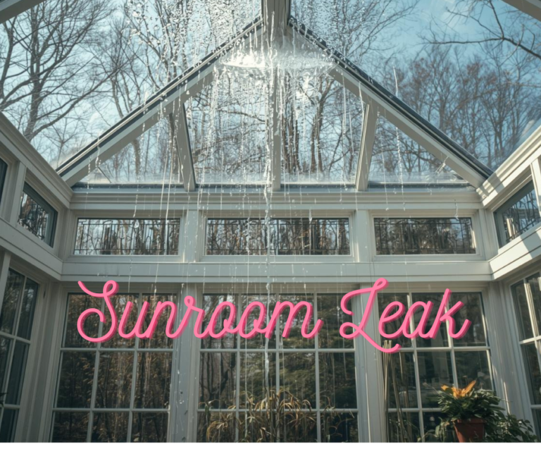 Water damage and leak repair needed in sunroom ceiling showing moisture stains.